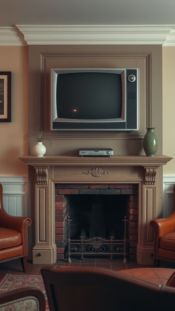 A vintage fireplace with a retro TV mounted above it, surrounded by cozy leather seating.