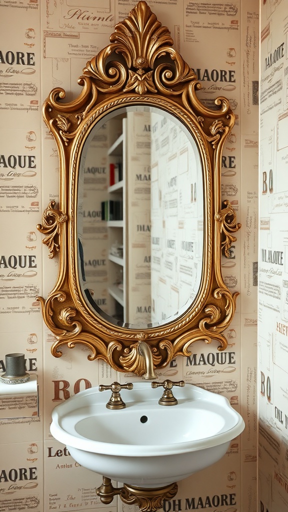 Vintage style wall mirror with an ornate gold frame above a white sink