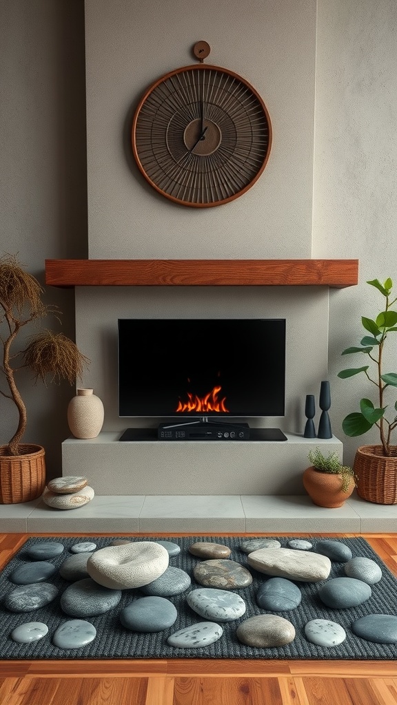 A Zen-inspired fireplace wall featuring a TV, natural stones, and decorative plants.