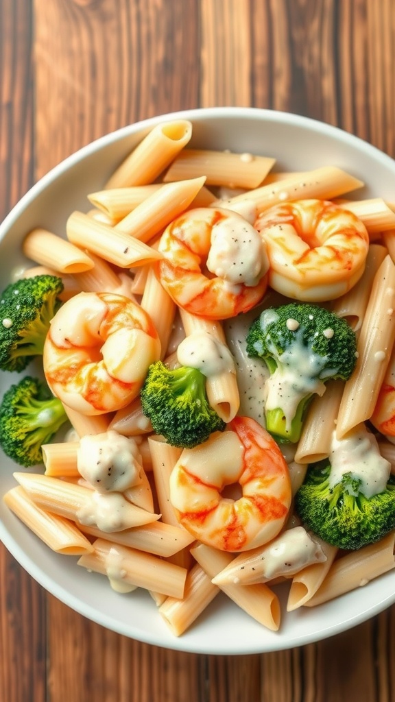 A delicious plate of Alfredo shrimp and broccoli pasta