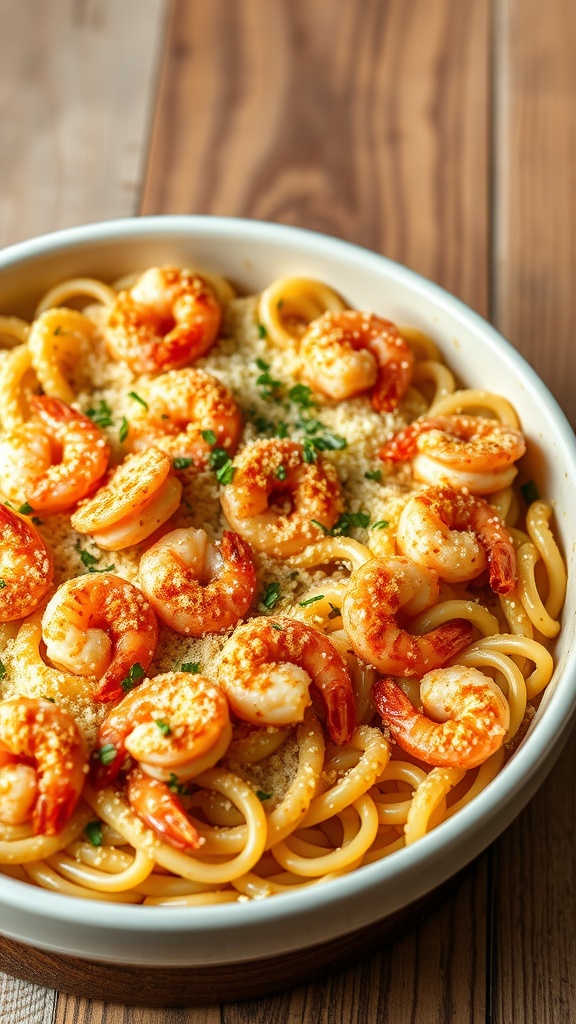 A delicious baked shrimp pasta dish topped with shrimp and breadcrumbs.