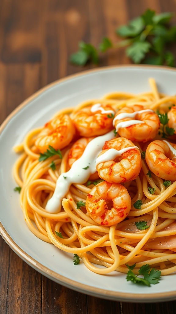 A plate of buffalo shrimp pasta garnished with parsley and drizzled with sauce.