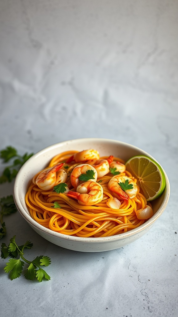 A bowl of chili lime shrimp pasta garnished with cilantro and lime.