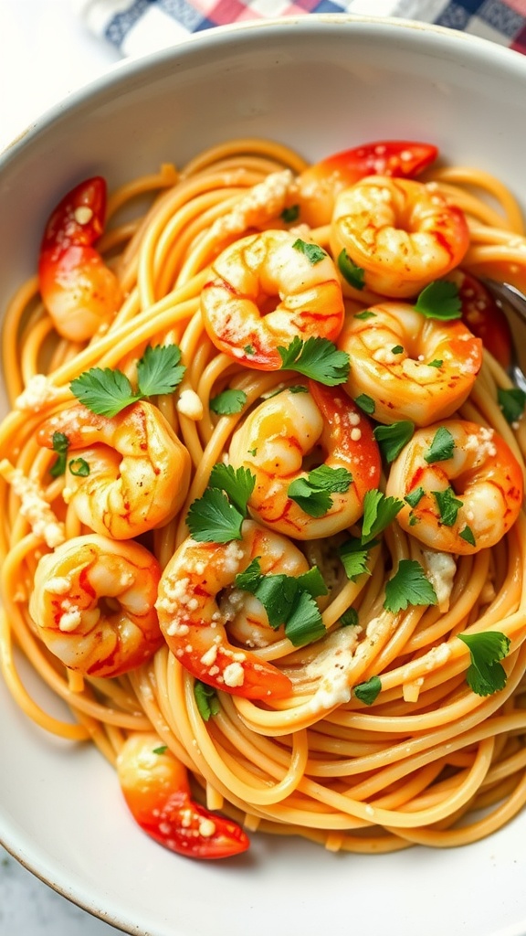 A delicious bowl of chipotle shrimp pasta garnished with fresh herbs