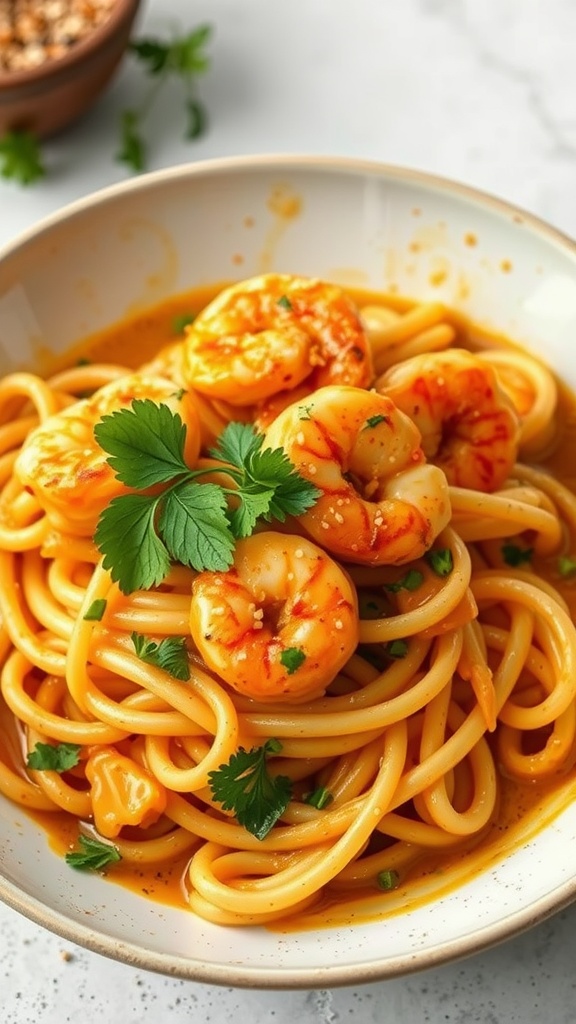 A bowl of coconut curry shrimp pasta garnished with cilantro