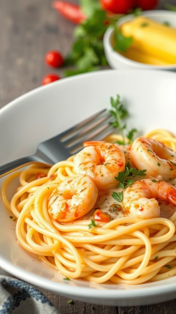 A delicious plate of creamy Cajun shrimp fettuccine topped with fresh parsley.