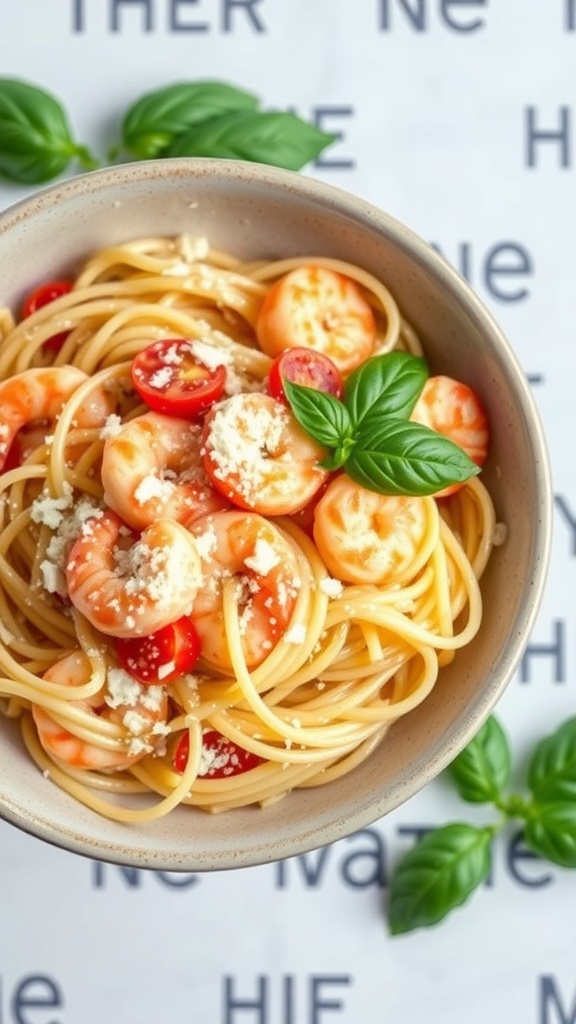 A bowl of creamy tomato basil shrimp fettuccine topped with shrimp, cherry tomatoes, and basil.