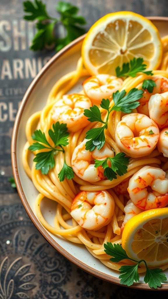 A plate of garlic butter shrimp pasta garnished with parsley and lemon slices