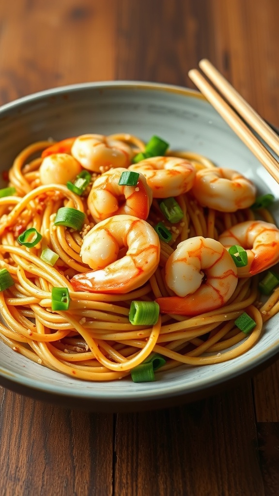 A dish of shrimp pasta with green onions