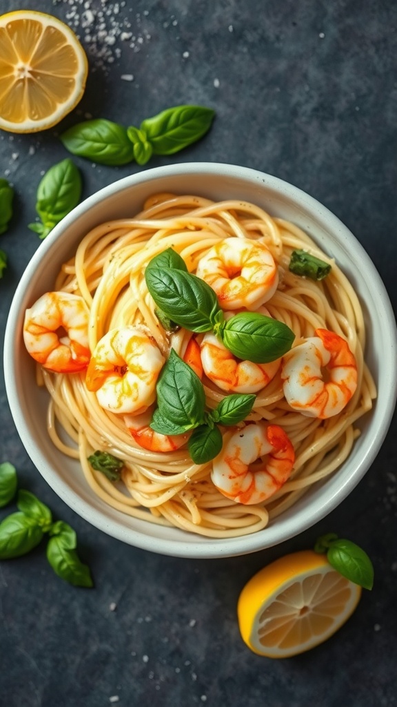 A bowl of lemon basil shrimp spaghetti garnished with fresh basil leaves and lemon slices.