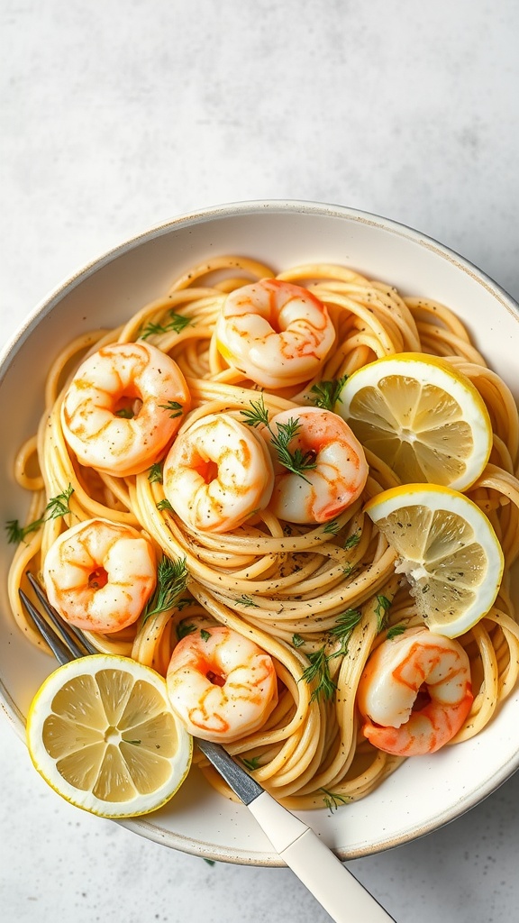 A bowl of lemon dill shrimp pasta garnished with lemon slices and dill.