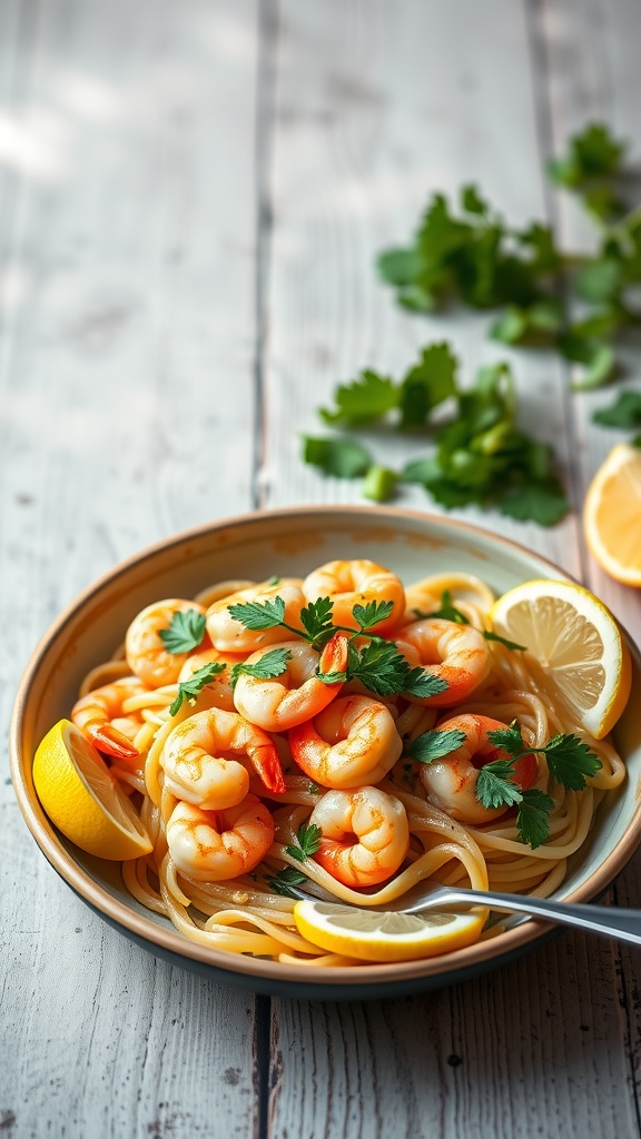 A plate of linguine with shrimp, garnished with parsley and lemon slices.