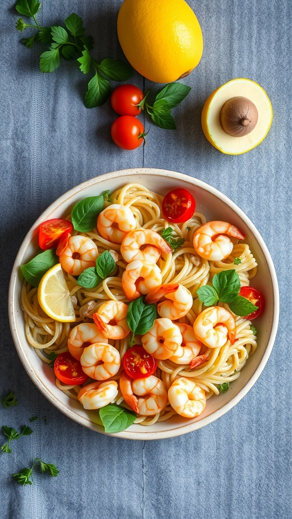 A vibrant bowl of lemon garlic shrimp pasta salad with cherry tomatoes and fresh herbs.