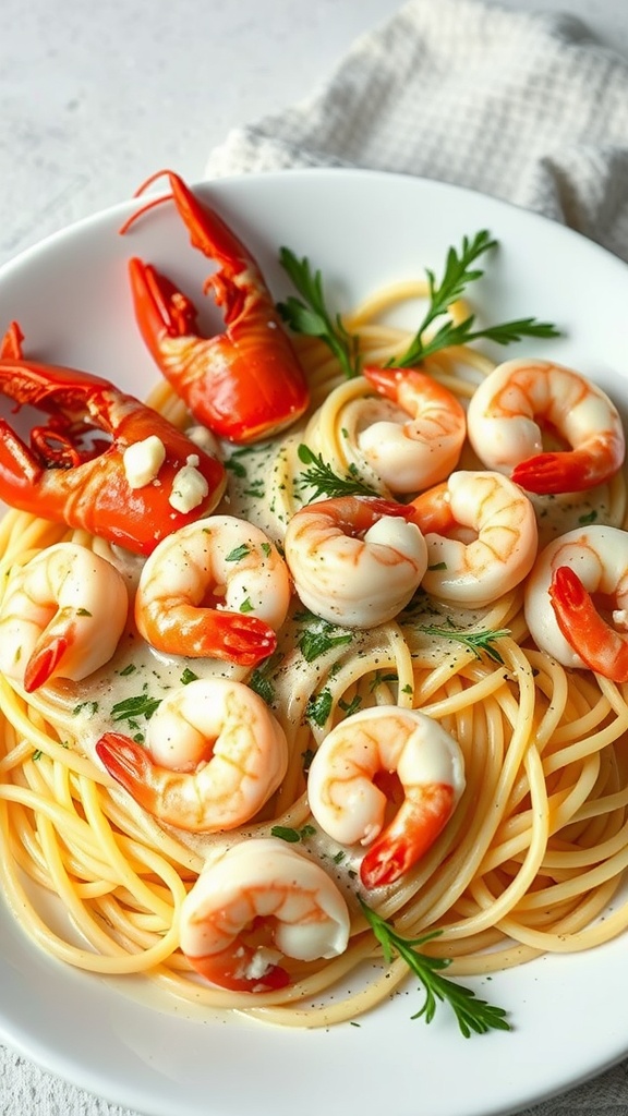 Lobster and shrimp pasta with spaghetti in a white bowl garnished with parsley.