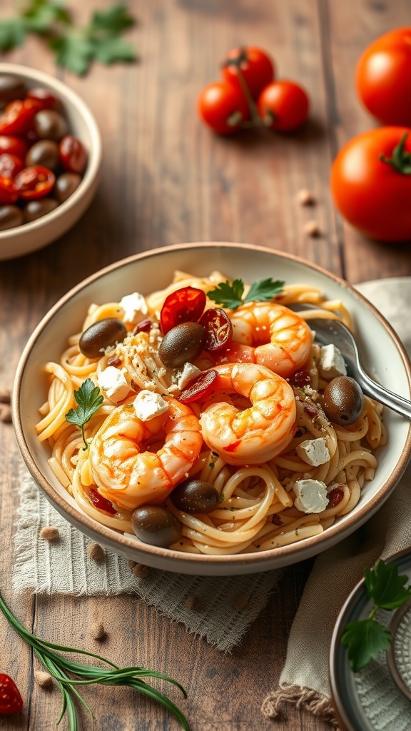 A delicious bowl of Mediterranean shrimp orzo pasta topped with shrimp, olives, and feta cheese.