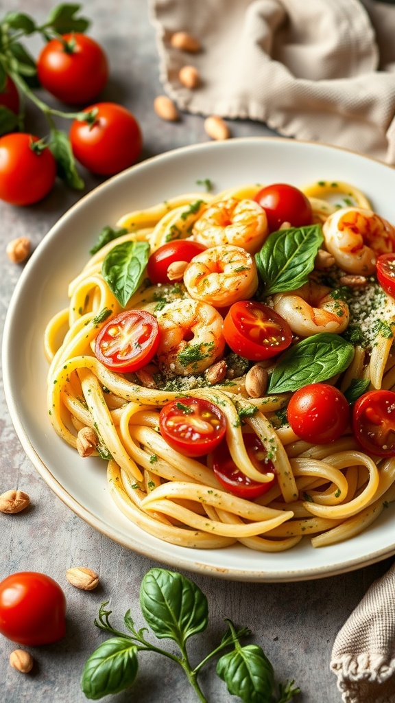 A delicious plate of pesto shrimp penne with cherry tomatoes and basil.