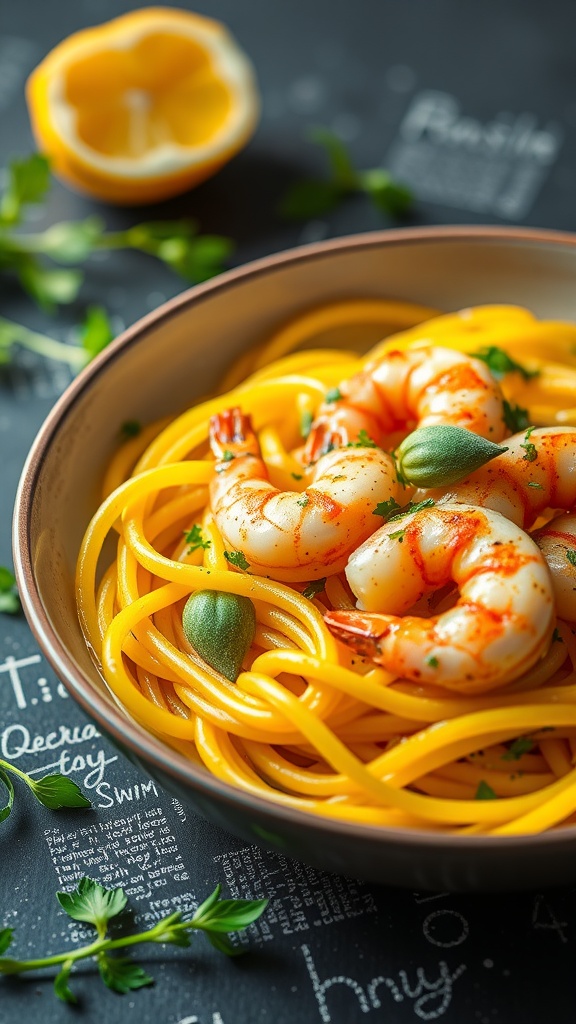 A bowl of saffron shrimp spaghetti garnished with parsley, capers, and lemon on the side.