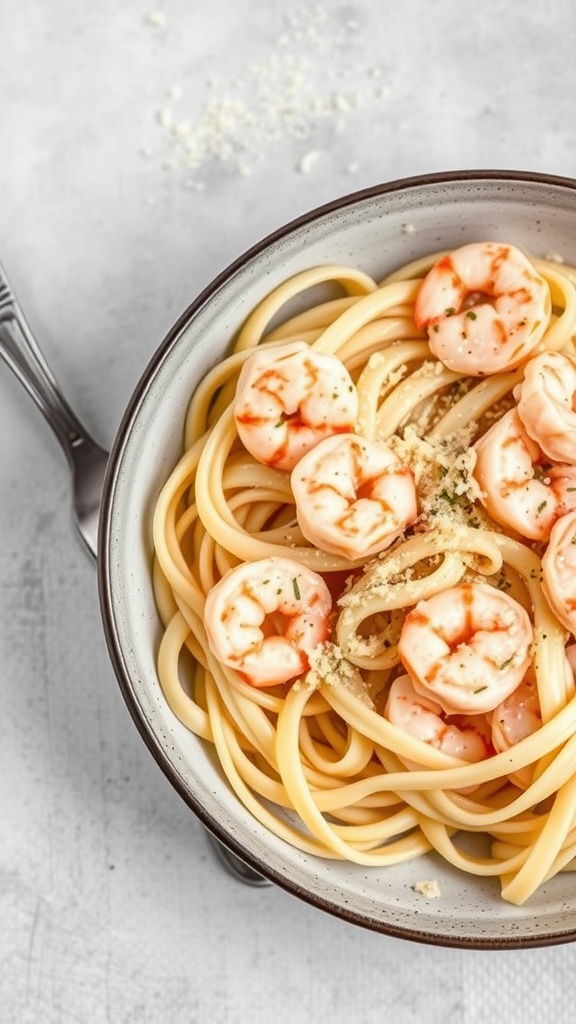 A bowl of shrimp pasta with tagliatelle