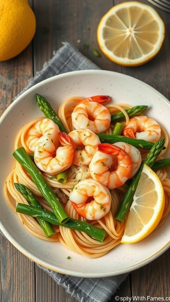 Shrimp and asparagus pasta served with lemon slices