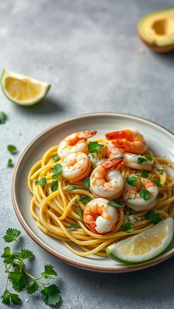 A bowl of shrimp and avocado pasta garnished with lime and cilantro.