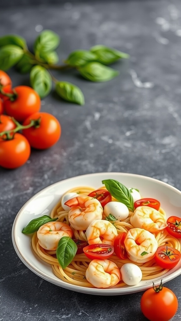 A plate of shrimp and Caprese pasta with tomatoes and basil.