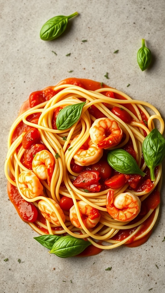 A bowl of shrimp and cauliflower pasta topped with fresh basil.