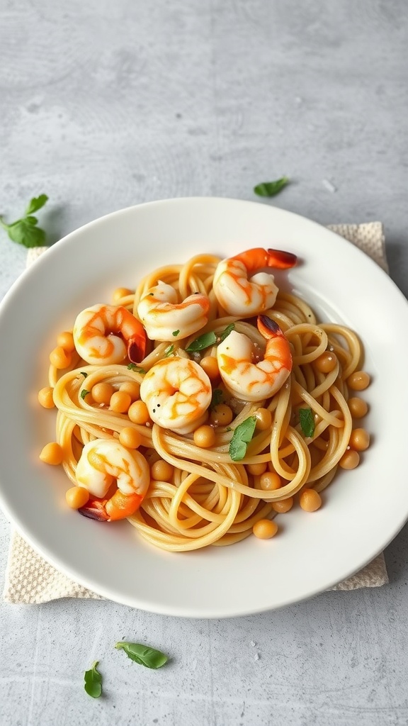 A plate of shrimp and chickpea pasta with a light sauce.