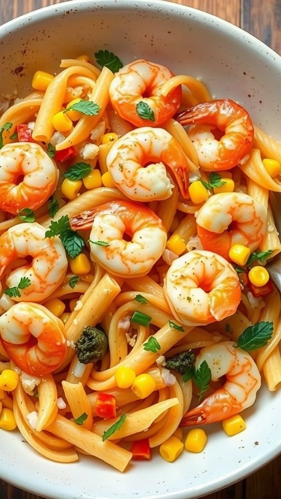 A delicious bowl of shrimp and corn pasta, featuring vibrant shrimp and sweet corn over a bed of pasta.