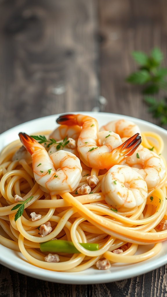 A plate of shrimp and crab linguine topped with parsley.