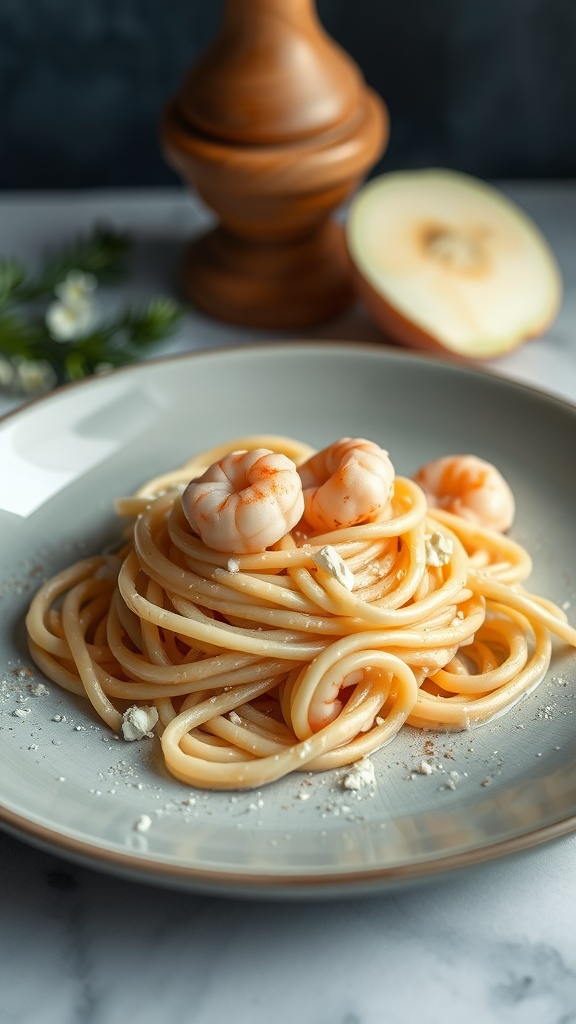 A plate of shrimp and cream cheese pasta, garnished with shrimp and sprinkled cheese.