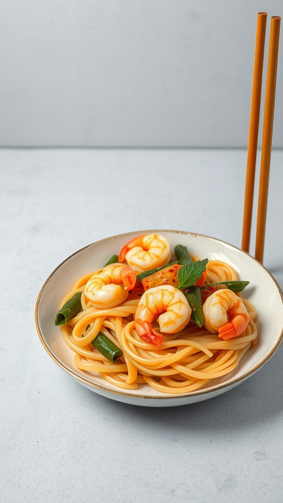 A plate of shrimp and egg noodles with vegetables, garnished with herbs.