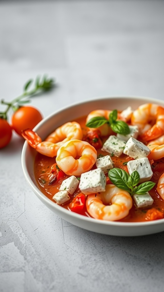 A bowl of shrimp and feta pasta with cherry tomatoes and fresh basil.