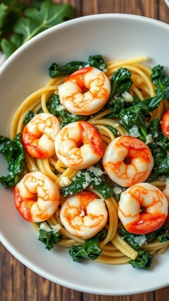 A bowl of shrimp and kale pasta with spaghetti noodles, shrimp, and leafy greens.