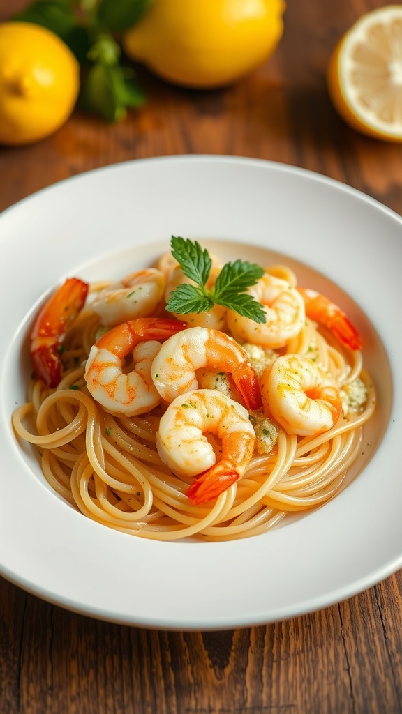 Delicious shrimp and lemon zest spaghetti served in a white bowl, garnished with parsley.