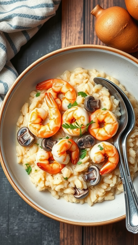 A bowl of shrimp and mushroom risotto garnished with parsley and served with a spoon.