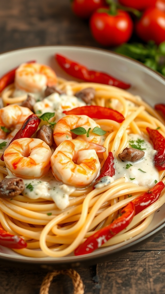 Shrimp and roasted red pepper pasta dish with creamy sauce