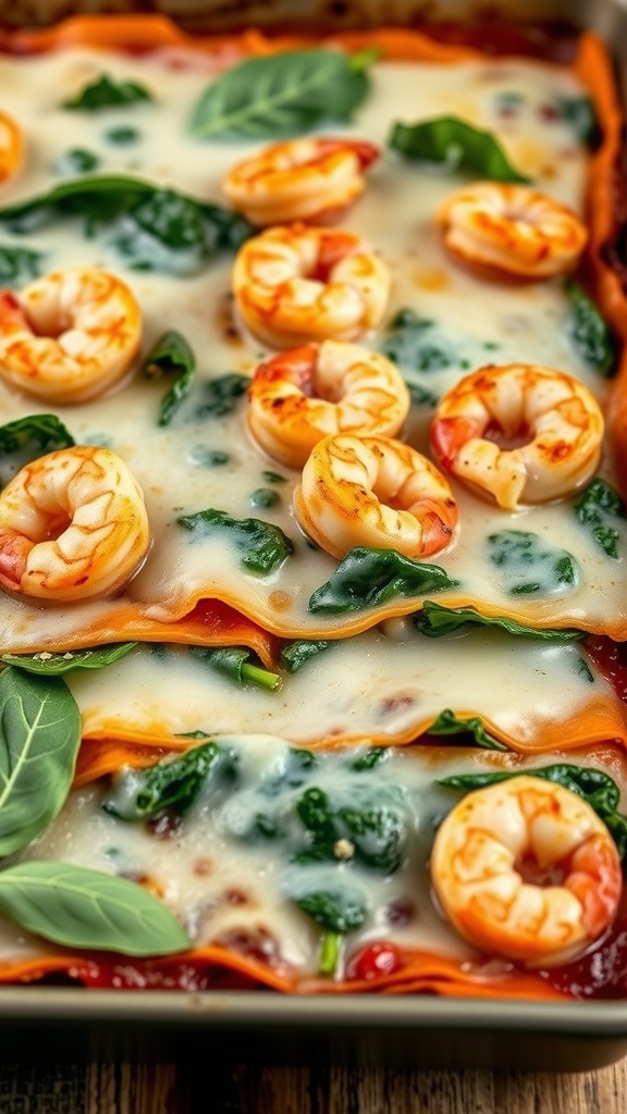 A delicious shrimp and spinach lasagna layered with cheese and pasta