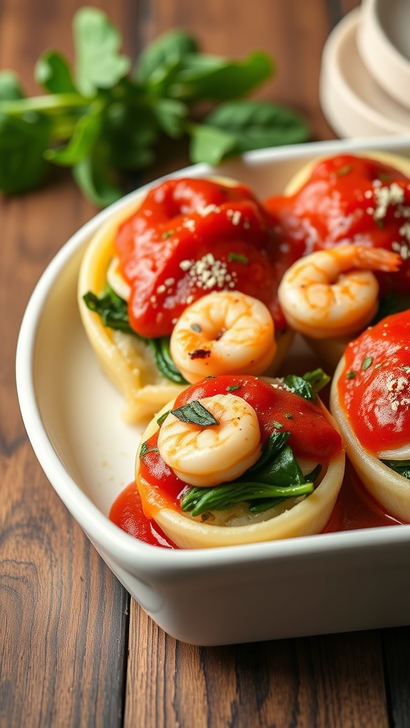 Shrimp and spinach stuffed pasta shells topped with tomato sauce.