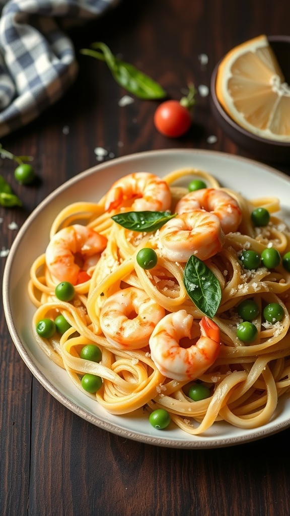 Shrimp and Sweet Pea Tagliatelle with pasta, shrimp, and fresh peas garnished with basil