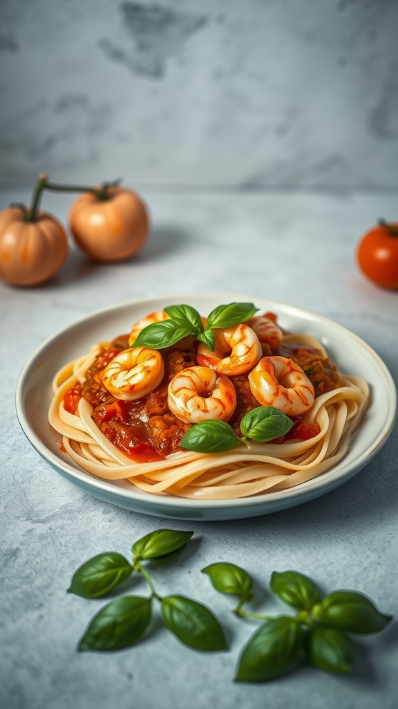 Shrimp and Tomato Ragu served over linguine with fresh basil garnish.