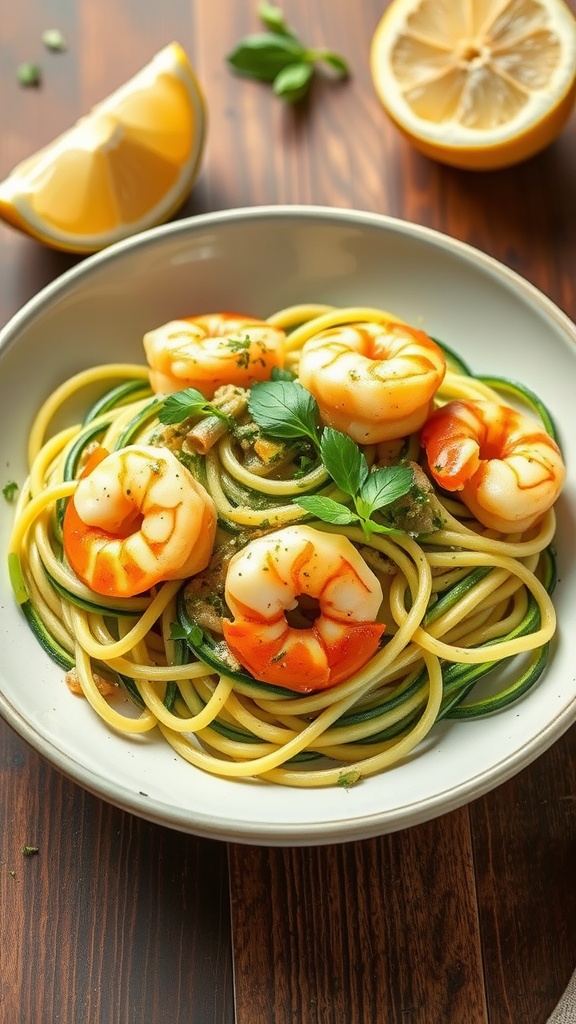 A delicious plate of shrimp and zucchini noodles topped with parsley and lemon slices