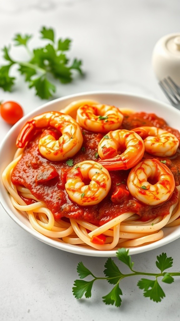 Plate of shrimp arrabbiata pasta with tomato sauce and garnished with herbs.