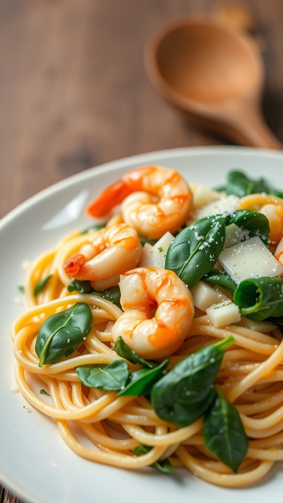 Delicious shrimp pasta with artichokes and spinach on a plate.