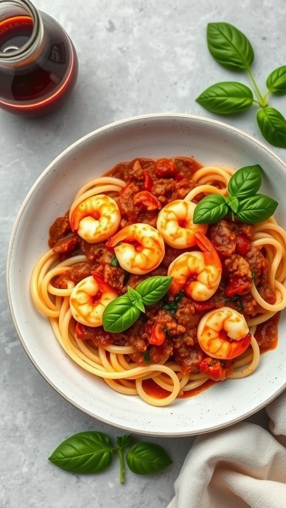 A bowl of spaghetti topped with shrimp and a rich tomato sauce, garnished with fresh basil.