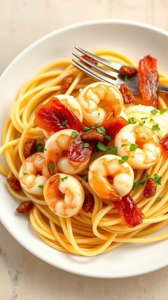 A plate of shrimp carbonara pasta topped with shrimp, pancetta, and parsley.