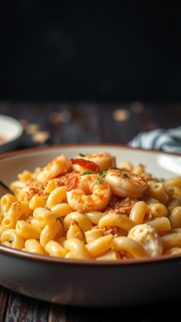 A delicious serving of shrimp macaroni and cheese topped with breadcrumbs and parsley.