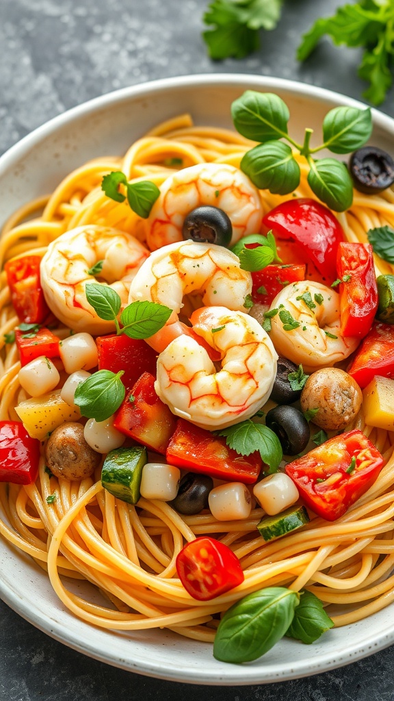 A vibrant plate of shrimp primavera pasta with colorful vegetables.