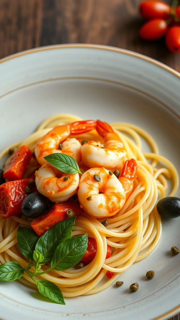 A delicious dish of shrimp pasta with red bell peppers, black olives, and fresh basil.