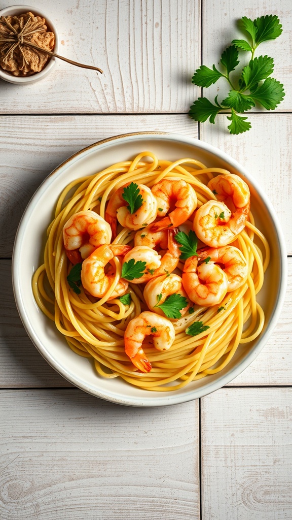 A delicious plate of shrimp scampi linguine garnished with parsley.