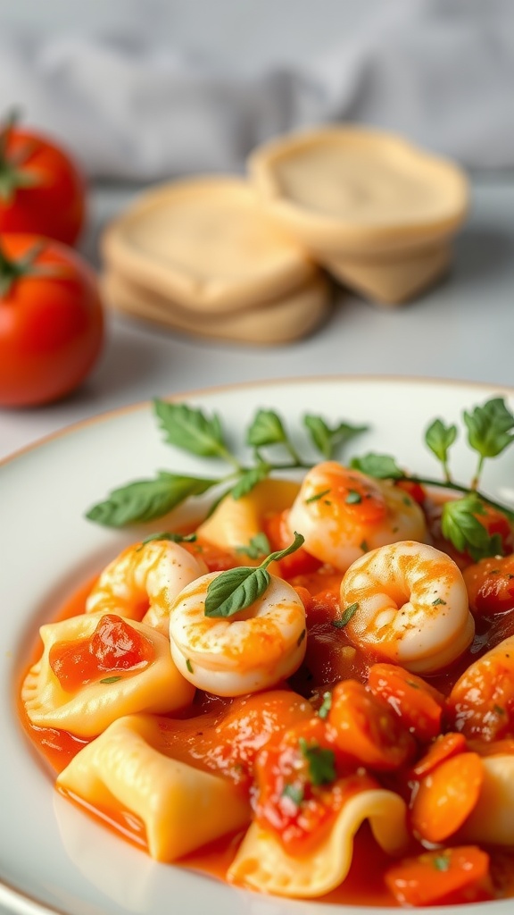 A plate of shrimp tortellini in a rich tomato sauce garnished with basil